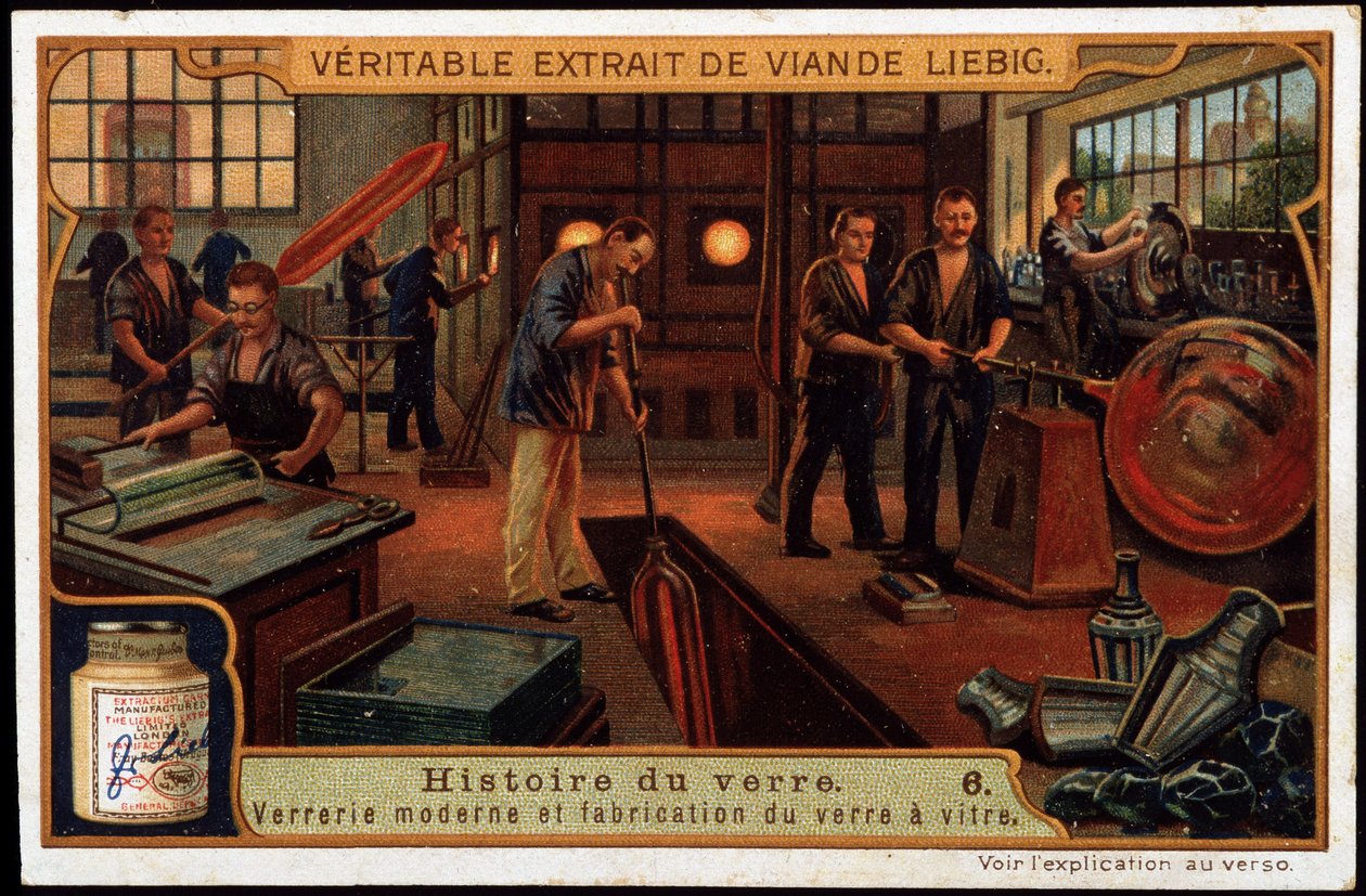 Glasets historia: Moderna glasföremål och glastillverkning i slutet av 1800-talet. Liebig-kromolitografi från slutet av 1800-talet. av French School