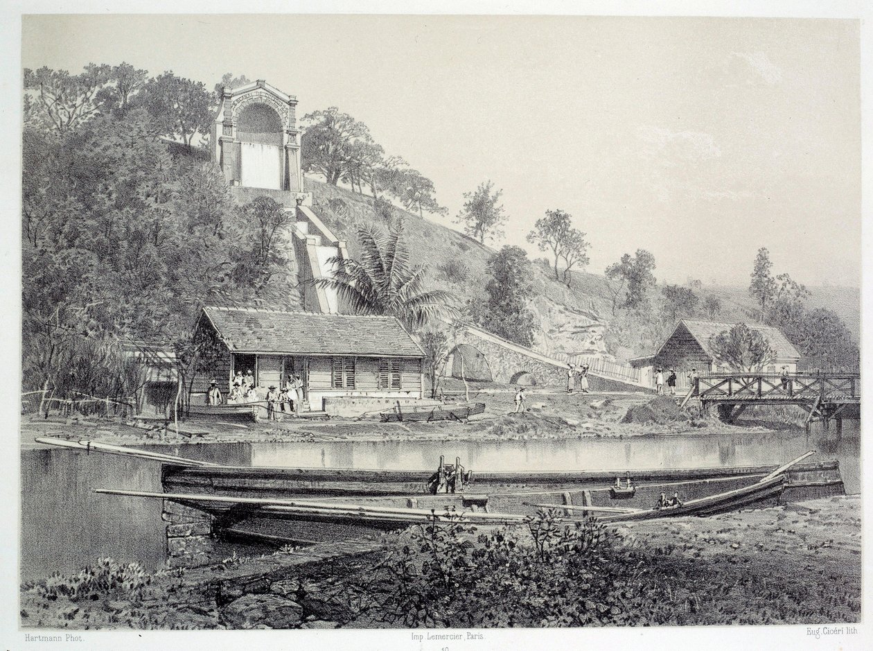 De franska koloniernas historia: utsikt över vattenslottet eller Gueydon-kanalen vid Fort de France på Martinique (Antillerna), slutet av 1800-talets Chartres musee des Beaux Arts av French School