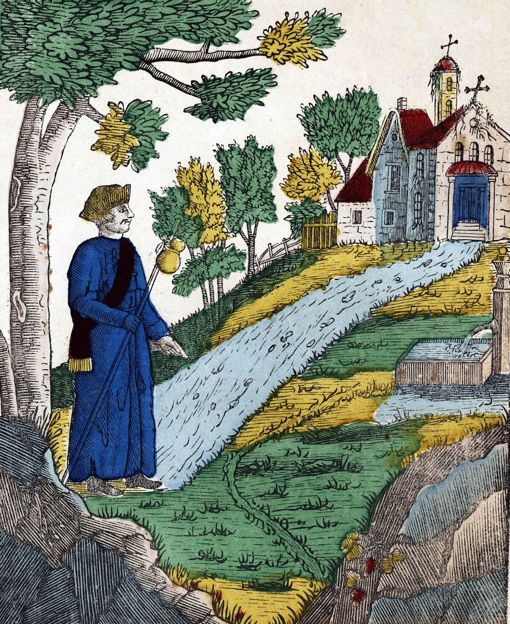 Historien om de fyra sönerna Aymon; Maugis, efter att ha gjort Karl den Store till fånge, gick till ett eremitage för att göra bot där, en bild av en ryggrad från 1800-talet. av French School