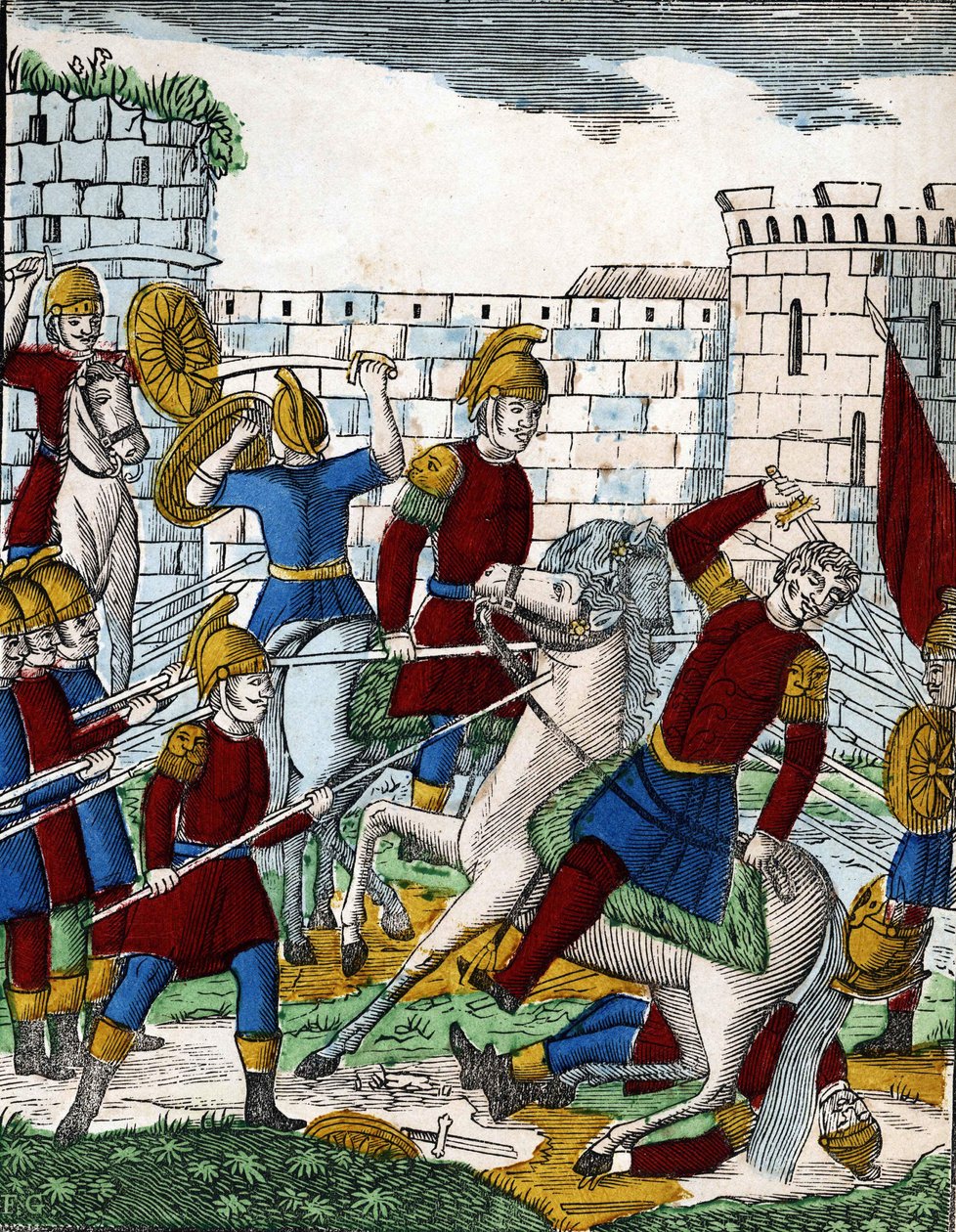 Historien om de fyra sönerna Aymon; Förrädaren Ganélon, som hamnat i bakhåll i Soissons-dalen, dödar hertigen av Beauves d