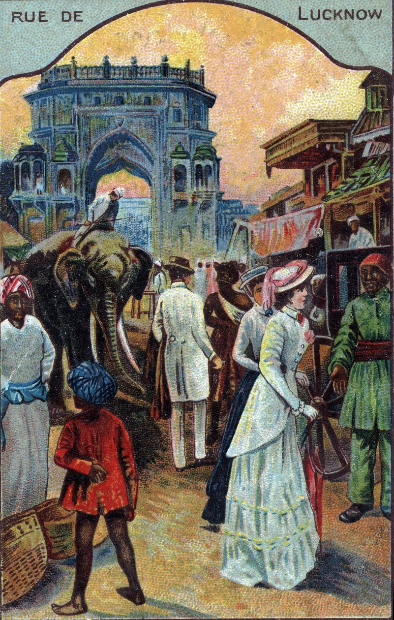Turismens historia: Västerländska turister på en gata i Lucknow, Indien (västerländska turister på en gata i Lucknow, Indien) Kromolitografi av 1800-talet Privat samling av French School