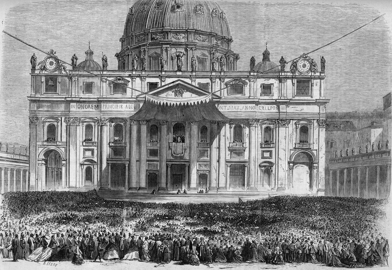 Stilla veckan i Rom: utsikt över Petersplatsen i Rom (Piazza San Pietro) under välsignelsen "urbi et orbi" på heliga torsdagen och påskdagen. Gravyr i "" Le Monde Illustré"" nr 526 av 11 maj 1867. av French School