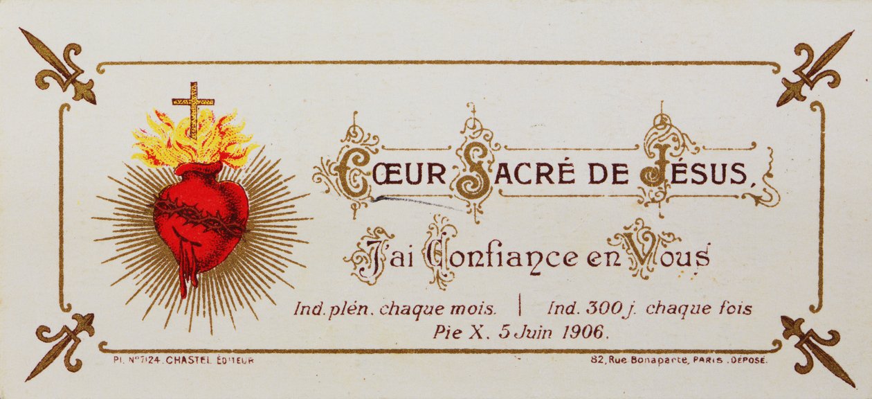 Heligt kort, tillägnat det heliga hjärtat, 1906 (tryckt kort) av French School