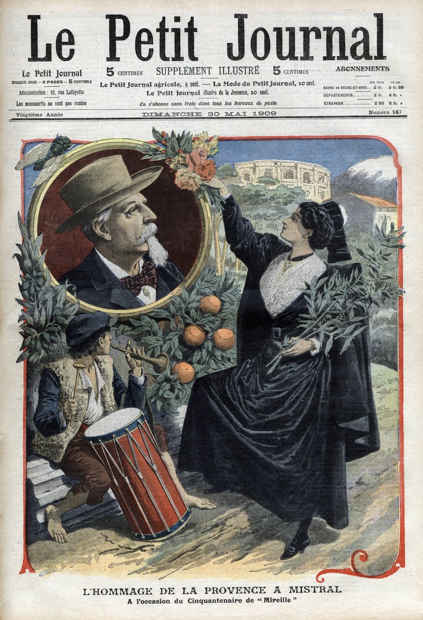 Homage av Provence till Frederic Mistral, med anledning av femtioårsdagen av "" Mireille"" (1859) I "Le Petit Journal", maj 1909 (gravyr) av French School