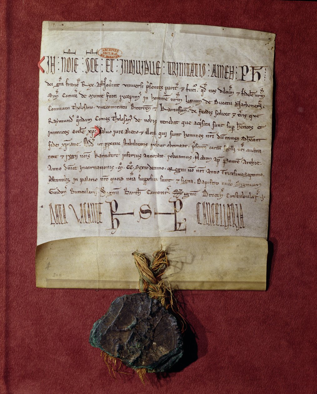 Hyllning till kung Filip II (1165-1223) från Simon de Montfort (ca 1160-1218) för de territorier som konfiskerades från Raymond VI (1197-1249) ca 1216 av French School