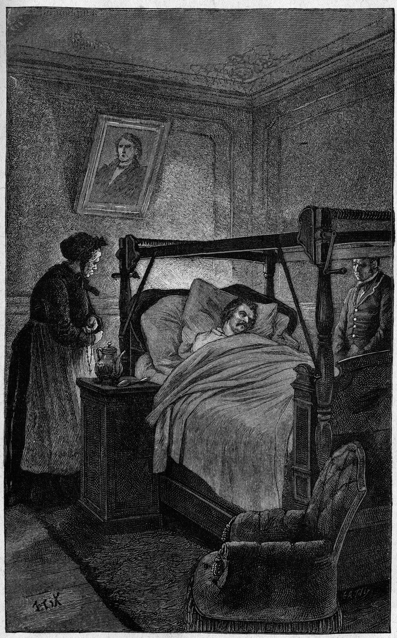 Honore de Balzac (1799-1850), en fransk författare, på sin dödsbädd 1850. av French School