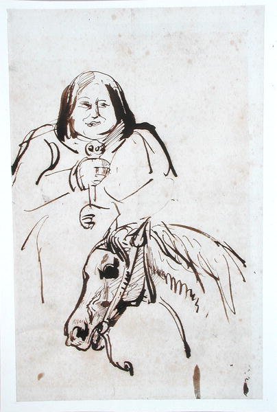 Honore de Balzac (1799-1850) och hans häst (penna och bläck på papper) av French School