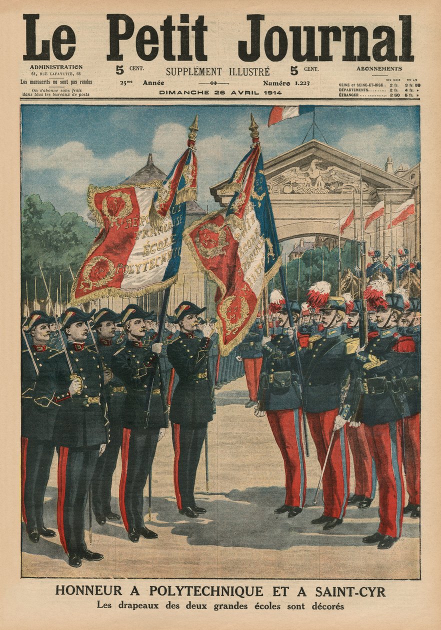 Heder till Polytechnique och Saint-Cyr, framsidans illustration från Le Petit Journal, supplementillustre, 26 april 1914 av French School