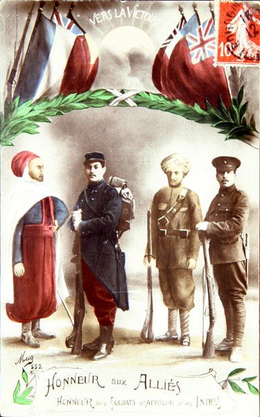 "Honour to the Allies", franskt patriotiskt vykort som hedrar soldater från Afrika och Indien, c.1916 (litho i färg) av French School
