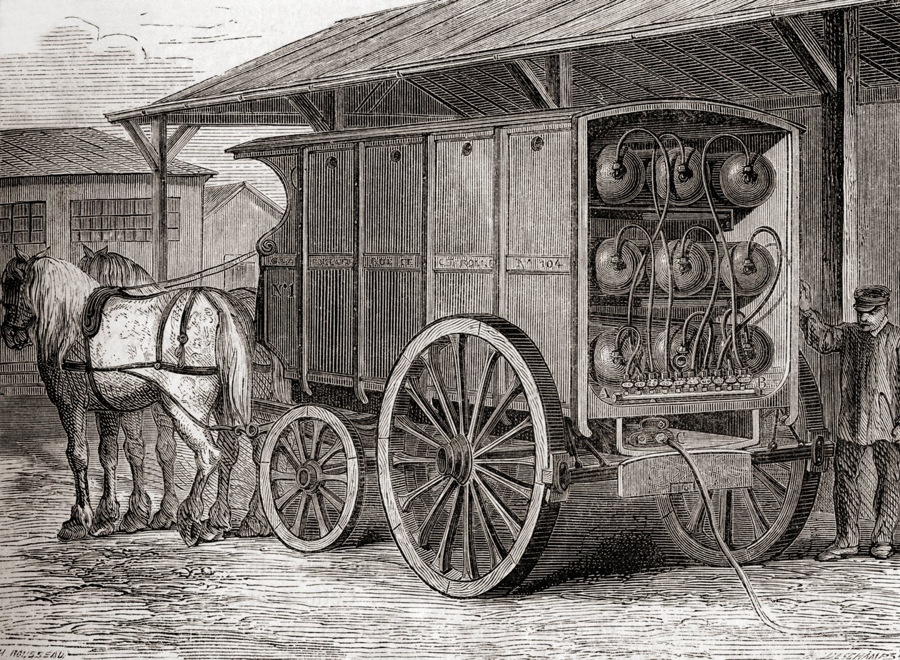 Hästdraget fordon som användes för att transportera komprimerad gas i bärbara behållare på 1800-talet, från Les Merveilles de la Science, publicerad ca 1870 (gravyr) av French School