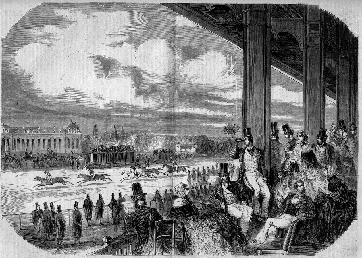 Hästkapplöpning vid Chantilly hypodromen 1858. av French School
