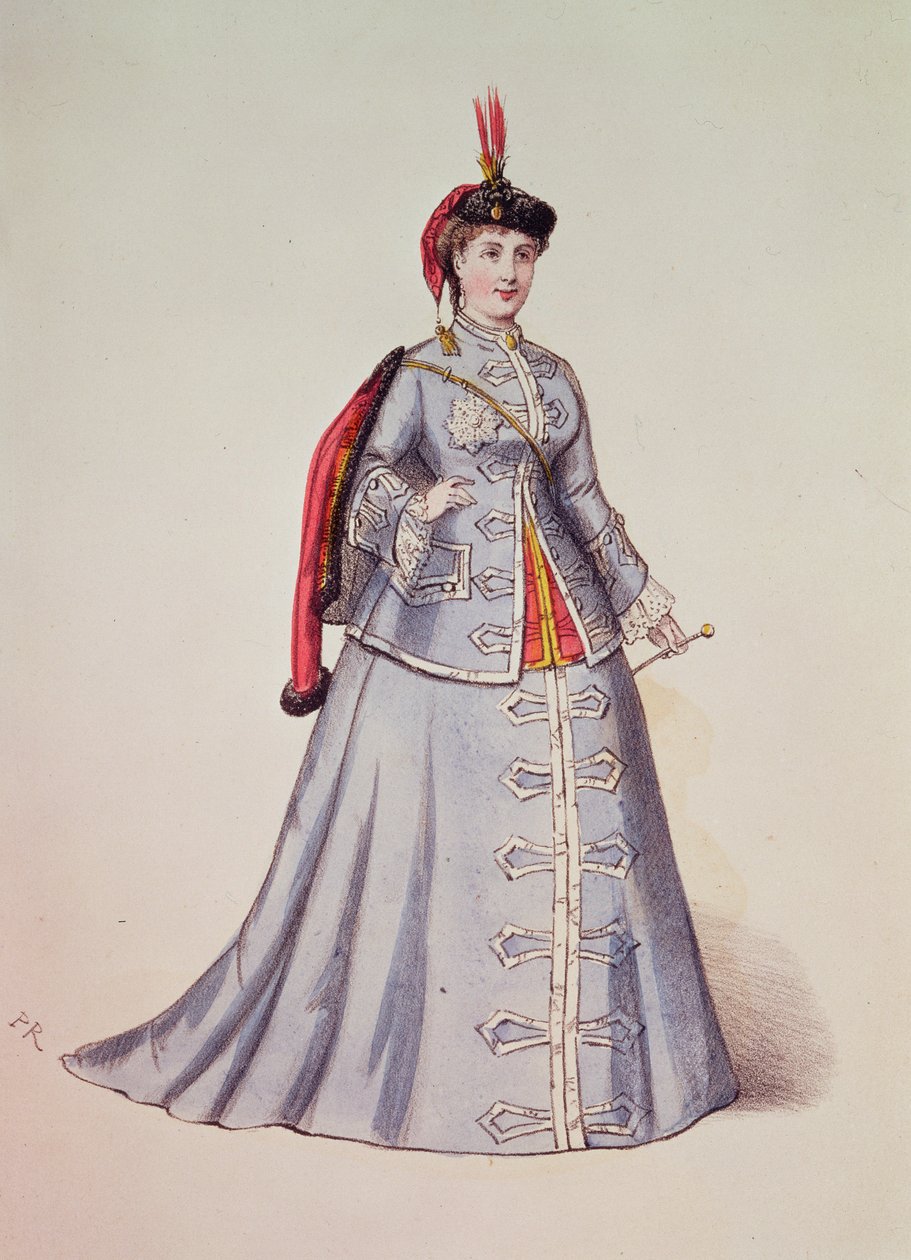 Hortense Schneider i titelrollen i Offenbachs operett "La Grand Duchesse de Gerolstein", illustration från "Costumes des Theatres de Paris", 1867. av French School