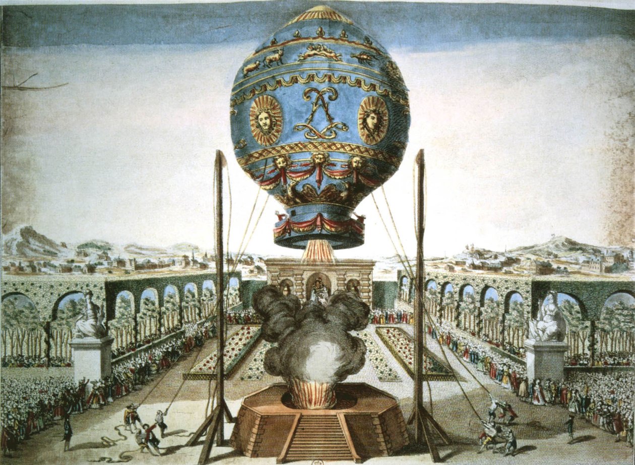 Luftballong i Jean Baptiste Reveillons trädgård i Versailles av French School