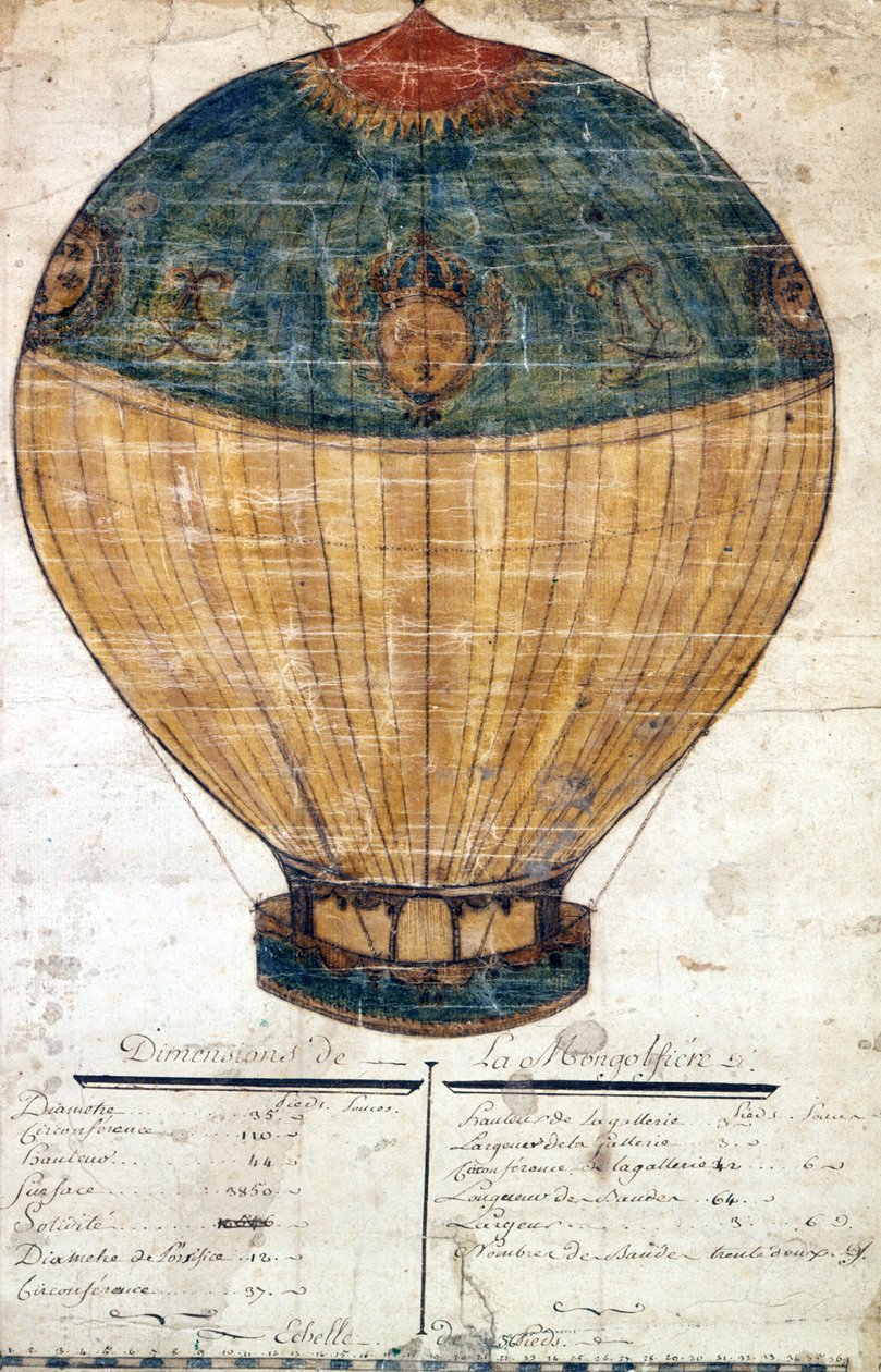 Luftballong av bröderna Montgolfier. Originalritning. 1782 av French School