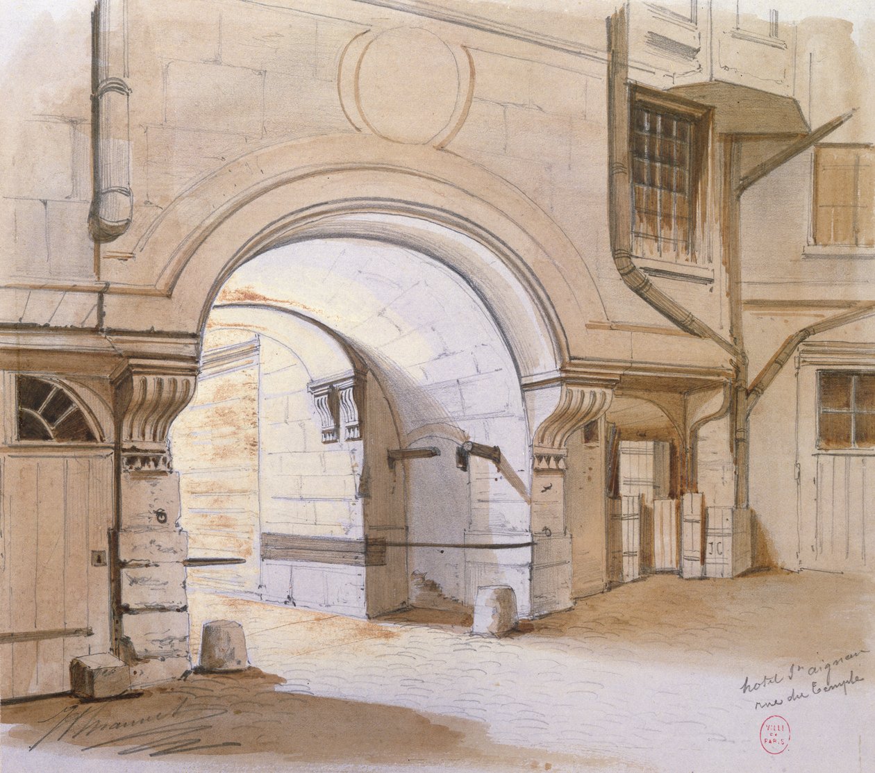 Hotel de Saint-Aignan, Rue du Temple, Paris (penna och wc på papper) av French School