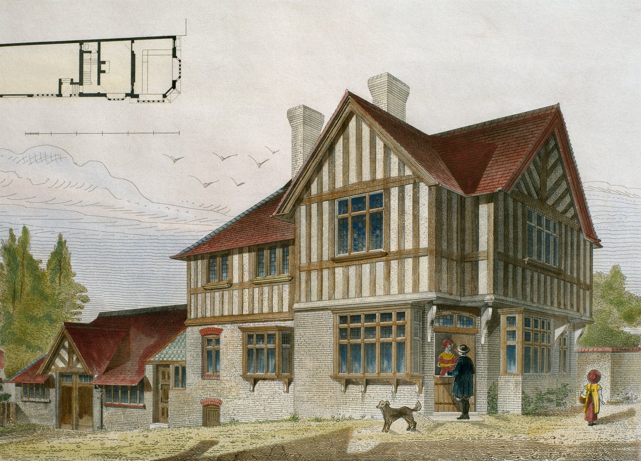 En liten butiksägares hus i London-området, illustration från Le Moniteur des architectes, 1884, graverad av Paul Louis Bury (1800-talet) (färggravyr) av French School
