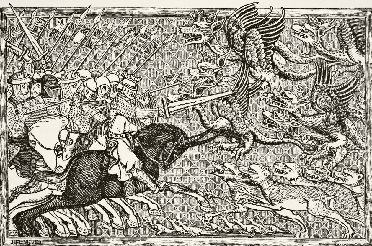 Hur Alexander bekämpade drakarna och en djurart som heter Scorpion, från "Science and Literature in the Middle Ages" av Paul Lacroix (1806-84) publicerad i London 1878 av French School