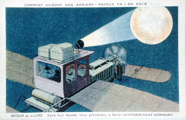 Hur våra barnbarnsbarn kommer att leva år 2012, "Om åtta timmar kommer vi att ta med oss lådan med Lombardchoklad till Paris", vykort från början av 1900-talet (färglitografi). av French School
