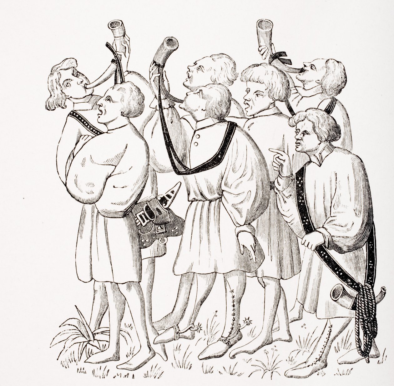 How to Shout and Blow Horns, efter en miniatyr i 1400-talets manuskript av Phoebus, från 
