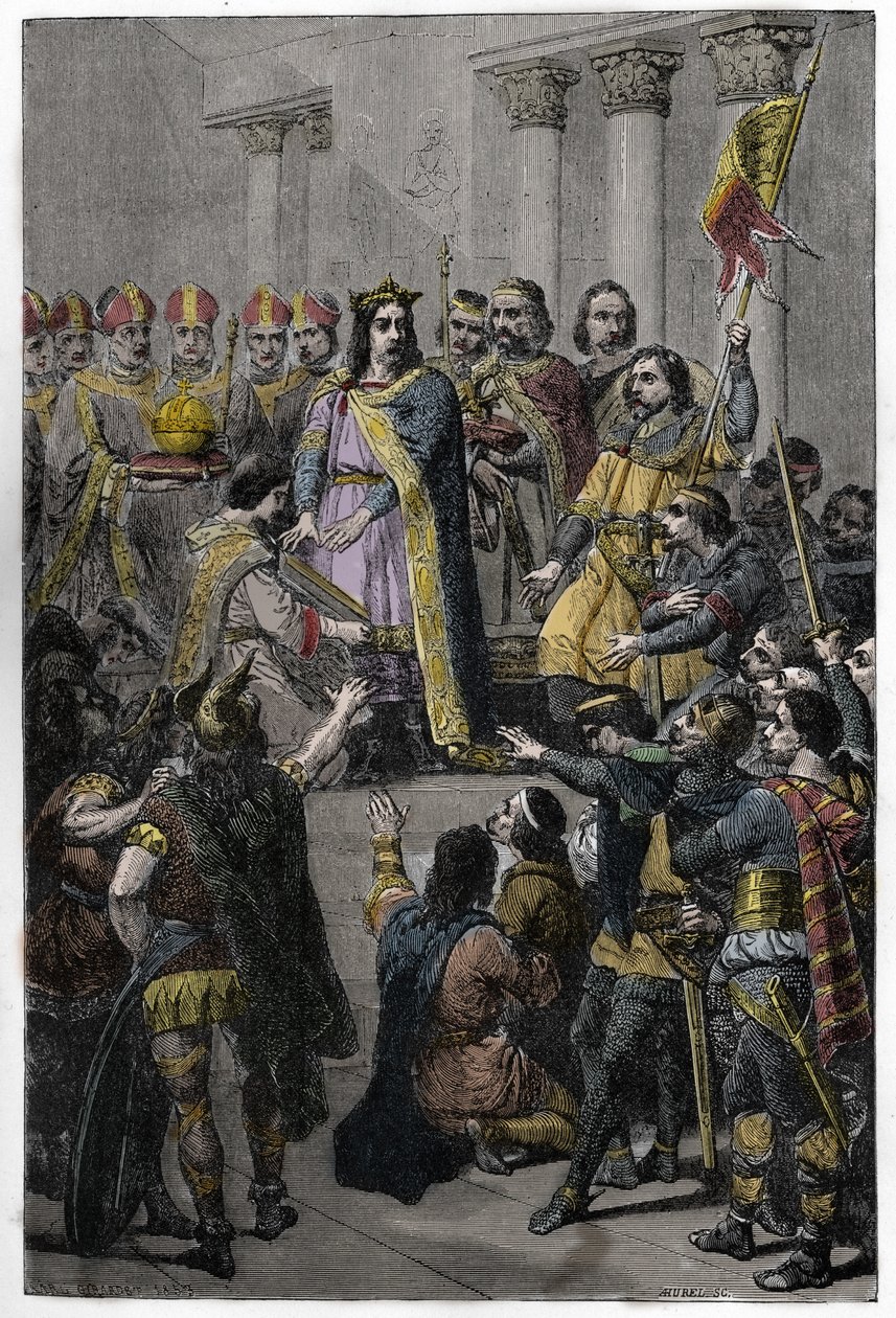 Hugh Capet valdes till kung - kröning av Hugues Capet (ca 941-996), kung av Frankrike, 3 juli 987 i Noyon, av Adalberon (ca 925-990), arkevek i Reims. av French School