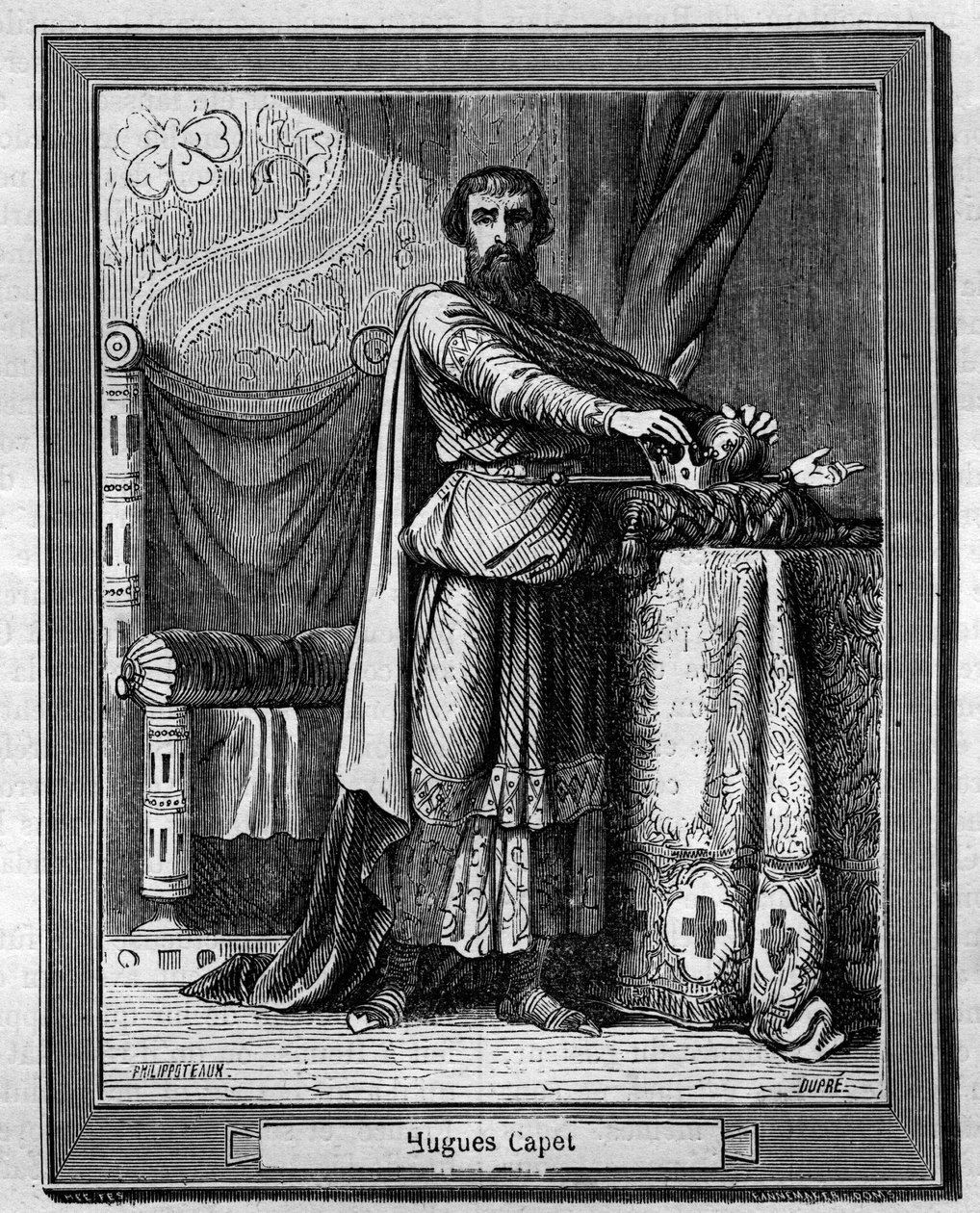 Hugues Capet (940-996) frankernas kung (nederst) Gravyr i "Historia om påvar-kungar-drottningar-och-kejsare genom århundradena"" av Maurice Lachatre av French School