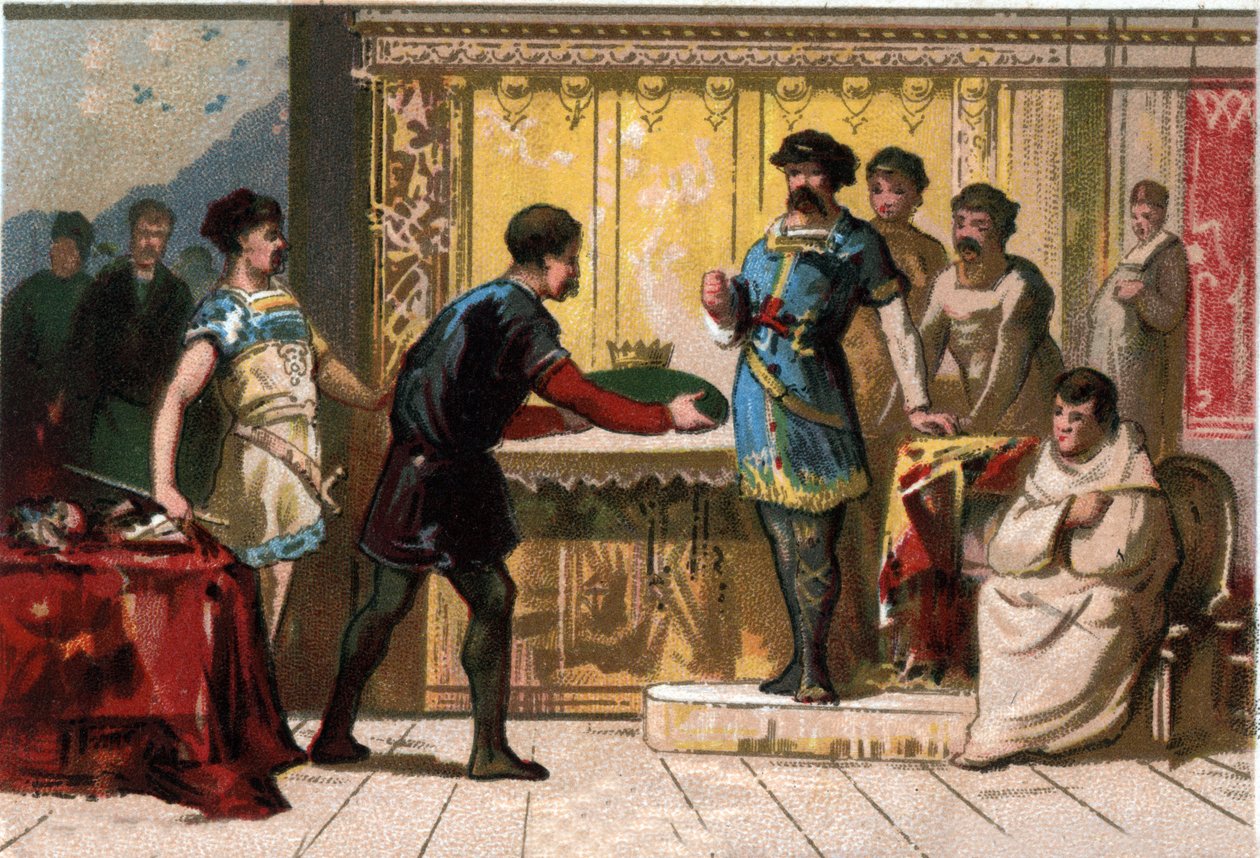 Hugues den store (897-956) kröner Raoul eller Rodolphe av Bourgogne (cirka 890 - 936), hertig av Bourgogne och kung av Frankrike. Kromolitografi i slutet av 1800-talet. av French School