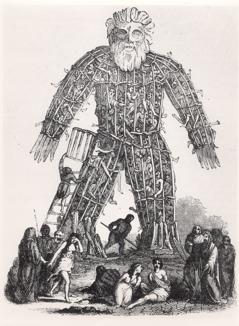 Människooffer av galliska druider i en flätad man, från Magasin Pittoresque, 1833 av French School