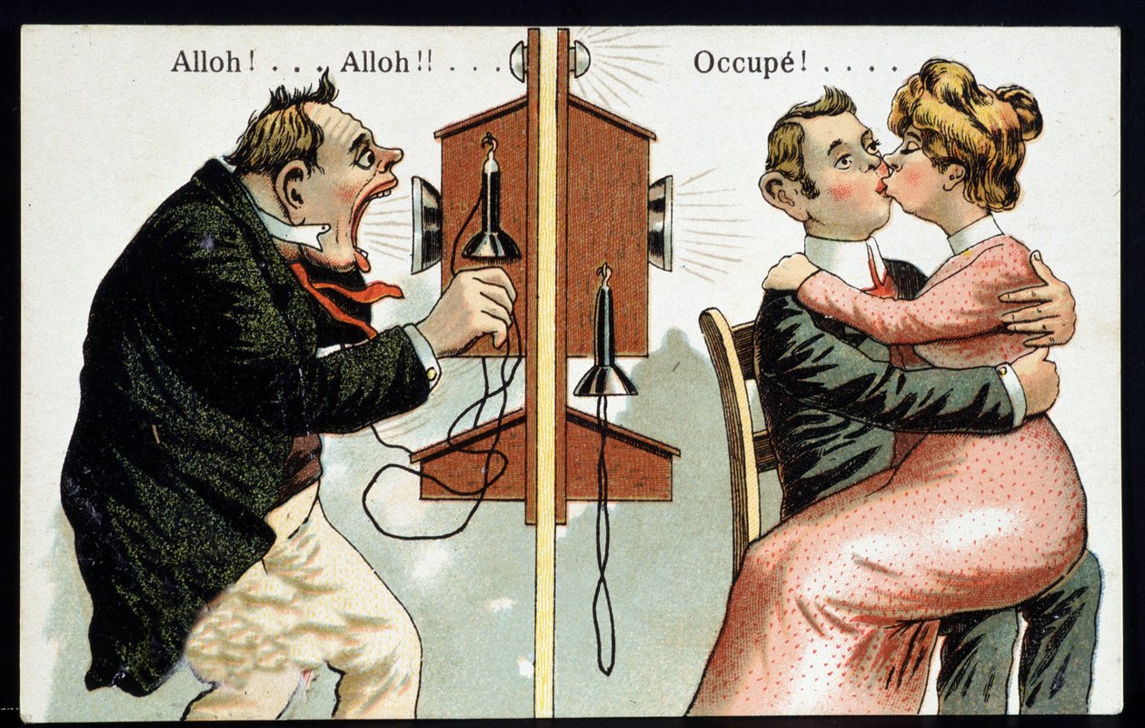 Humoristiskt vykort på telefonen, deb. 1900-talet. av French School