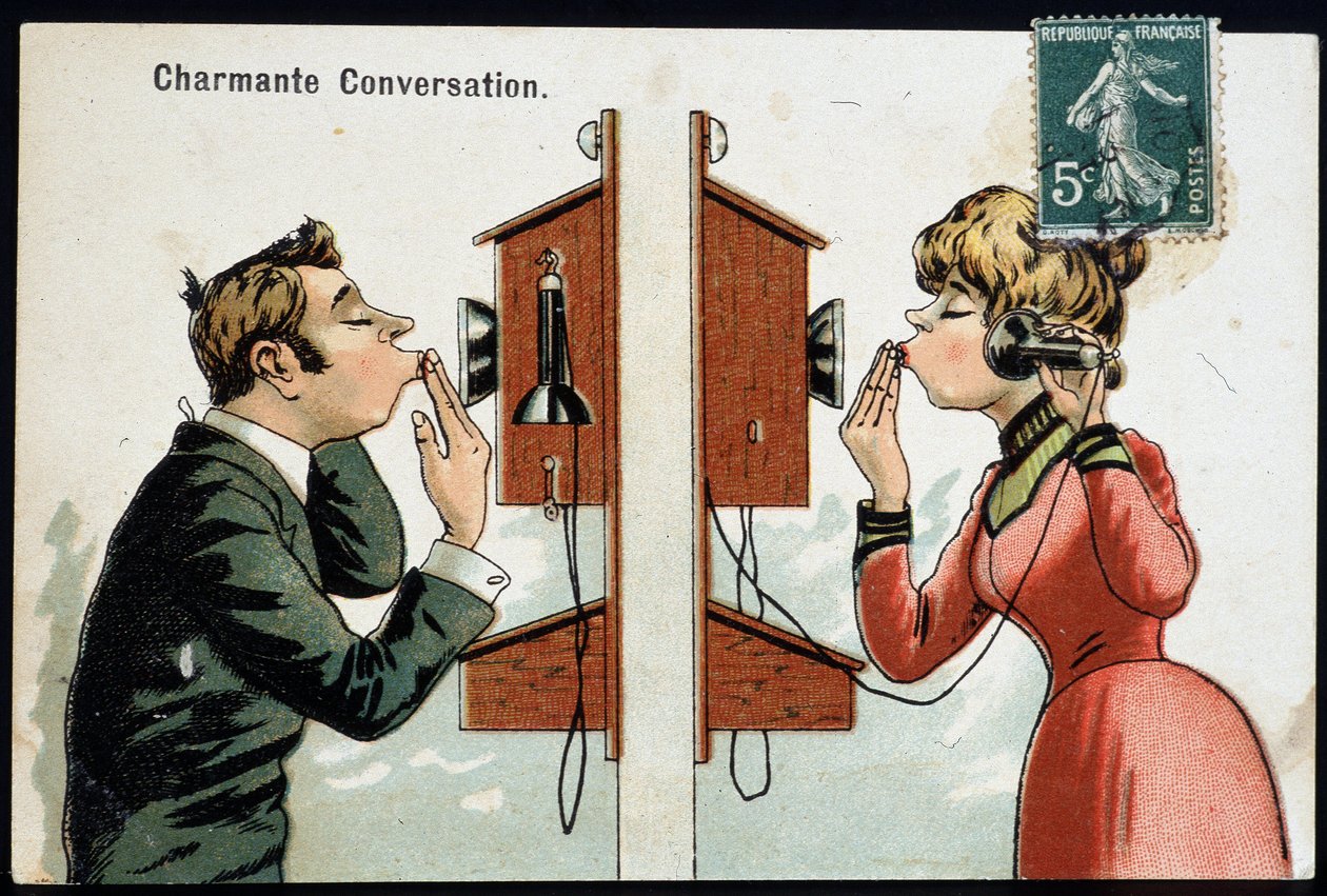 Humoristiskt vykort på telefonen, deb. 1900-talet @Selva/Leemage av French School