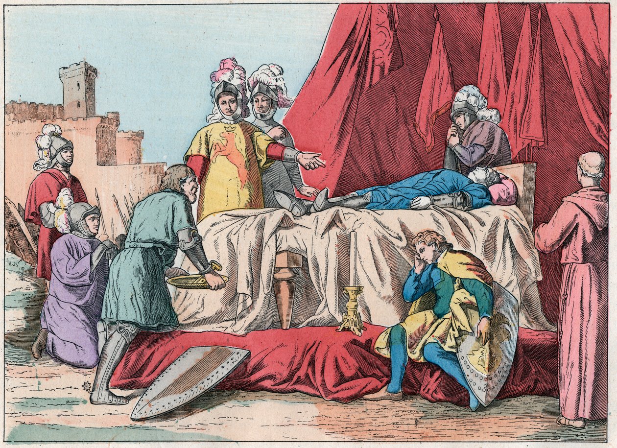 Hundraåriga krig: "" Bernard du Guesclins (1320-1380) död framför Chateauneuf de Randon den 13/07/1380"" - Duguesclins död (under belägringen av Chateauneuf-de-Randon den 13 juli 1380) ) - Gravyr från slutet av 1800-talet i "" Nos Gires av French School