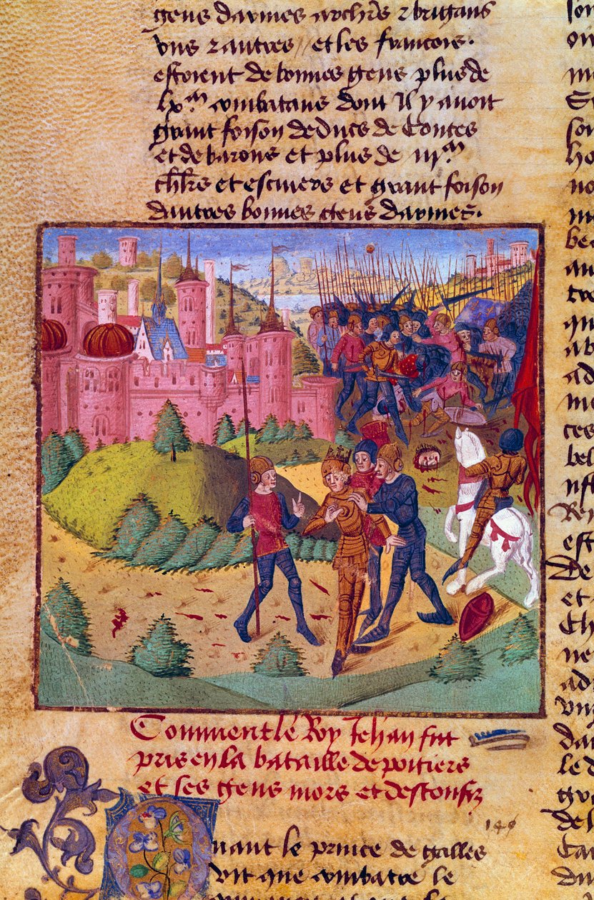 Hundraårskriget: "Frankrikes kung Johan II den gode (1319-1364) tas till fånga av engelsmännen i slaget vid Poitiers den 19/09/1356" Miniatyr ur Jean Froissarts krönikor (1337-1400) 1400-talet Chantilly, Musee Conde av French School