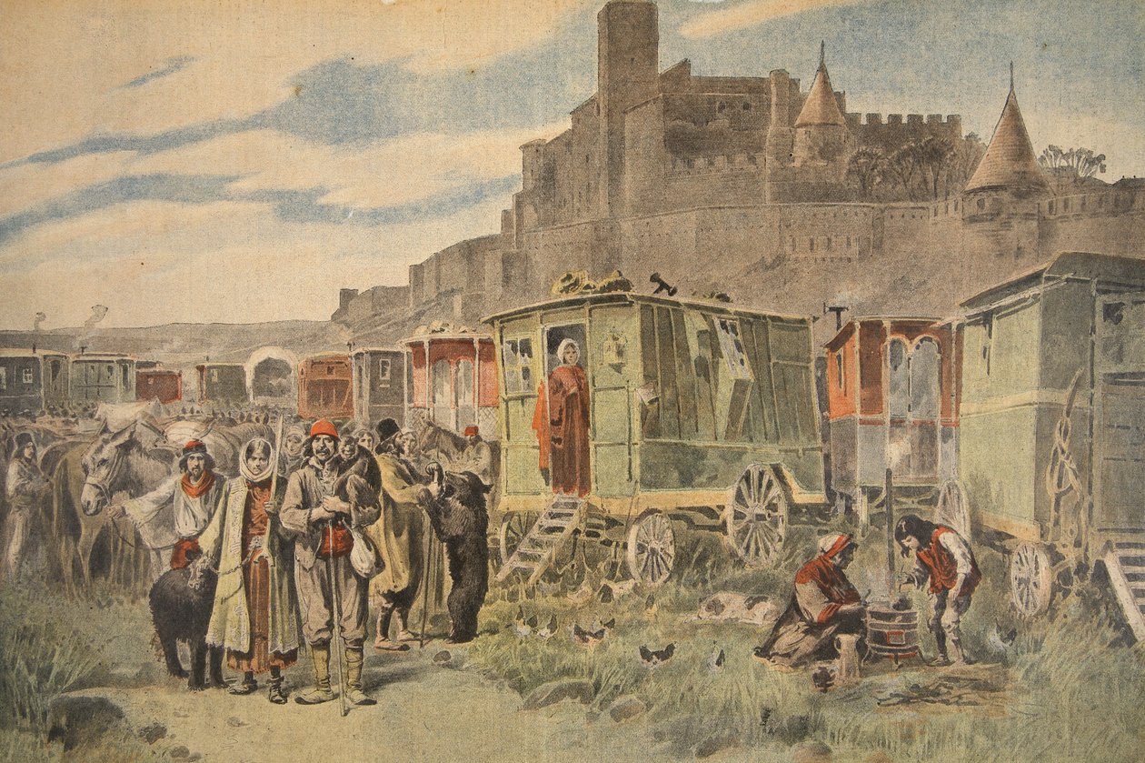 Ungerska zigenare utanför Carcassonne, illustration från Le Petit Journal: Supplement illustre, 18 december 1898 av French School