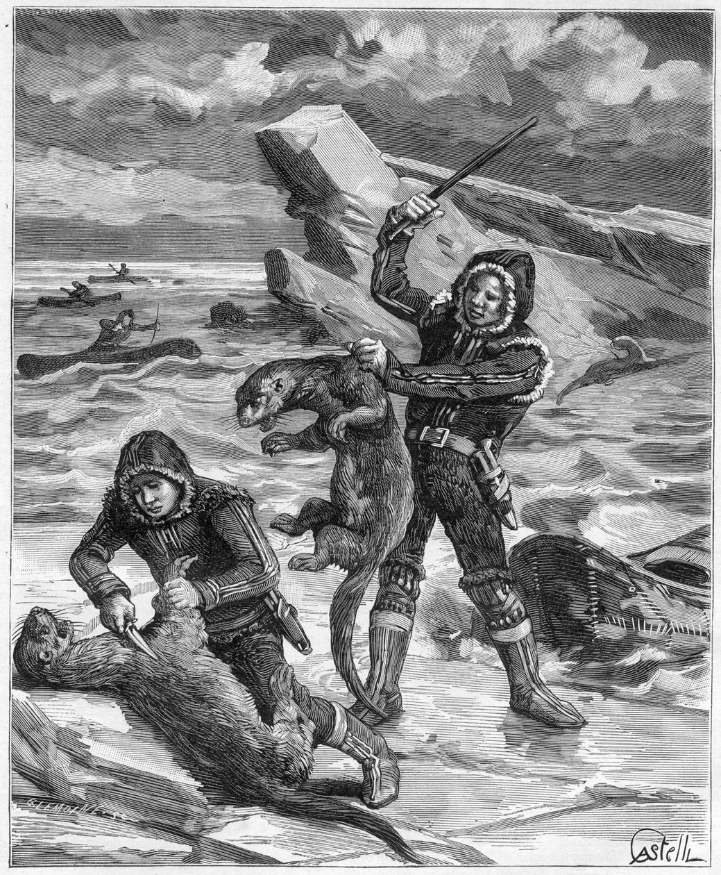 Jägare uttrar i Alaska - jägare av Alaska uttrar 1888 - Gravering i "" Journal des Voyages""" 1888 av French School