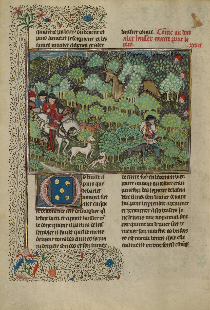 Jägare som förföljer en hjort, ca 1430-40 (temperafärger, guldfärg, silverfärg och bladguld) av French School