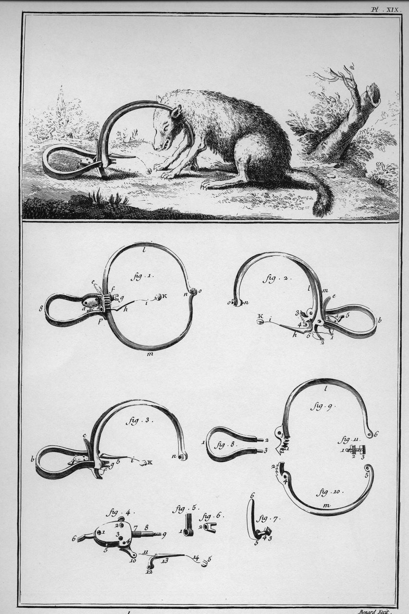 Jakt - räv fångad vid spåren (Piege) - "" The Great Encyclopedie, ou Dictionnaire Raisonne des Sciences, des Arts et des Metiers"" (Encyclopedia or Dictionary of the Sciences, Arts and Professions) av Denis Diderot (1713-1784) och Jean d