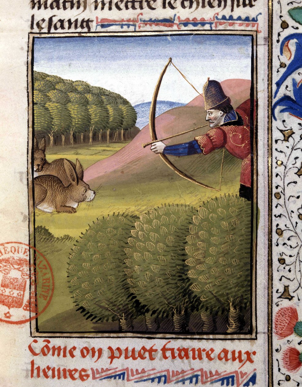Jaga en båge: hare - i "" Jaktbok av Gaston Phoebus, greve av Foix, Lord of Béarn"" av French School
