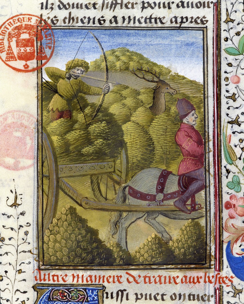 Jaga rådjur med båge och drag - i "" Jaktbok av Gaston Phoebus, greve av Foix, Lord of Béarn"" av French School