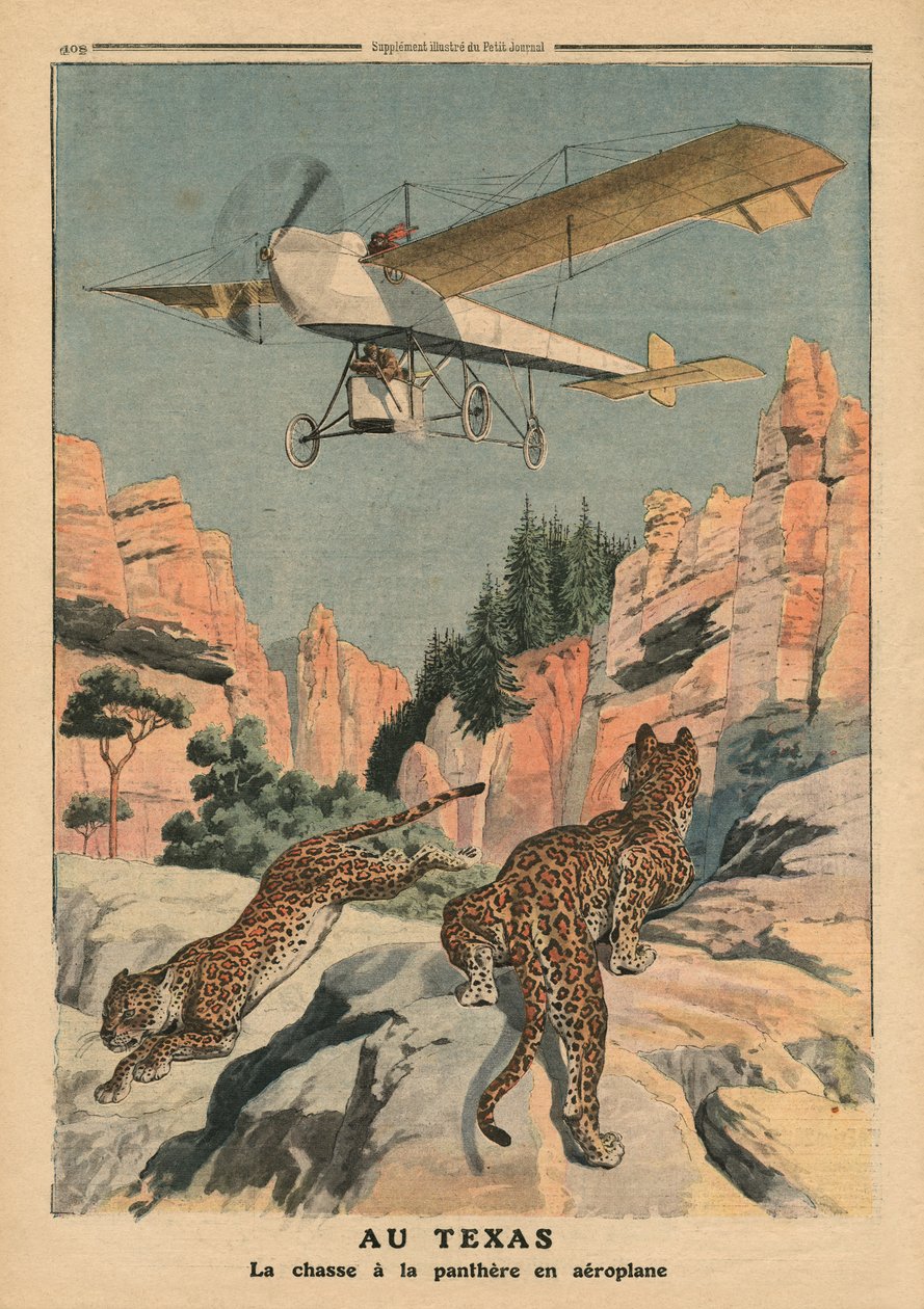 Jakt på pantrar från ett flygplan i Texas, illustration från "Le Petit Journal", supplement illustre, 17 december 1911. av French School