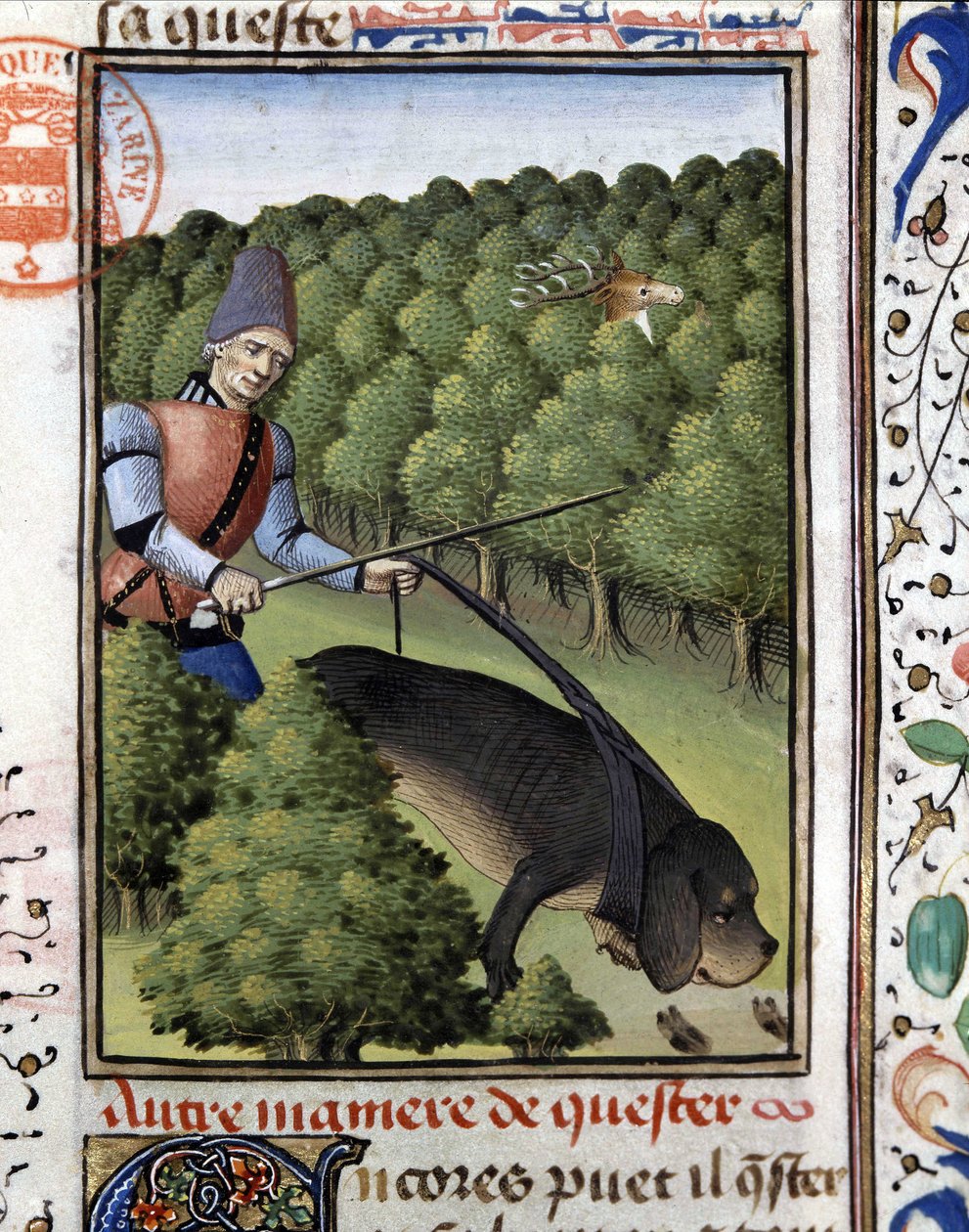 Jaktscen: en hund som spårar rådjuren (stil) - i "" The Hunting Book of Gaston Phoebus, Count of Foix, Lord of Béarn"" av French School