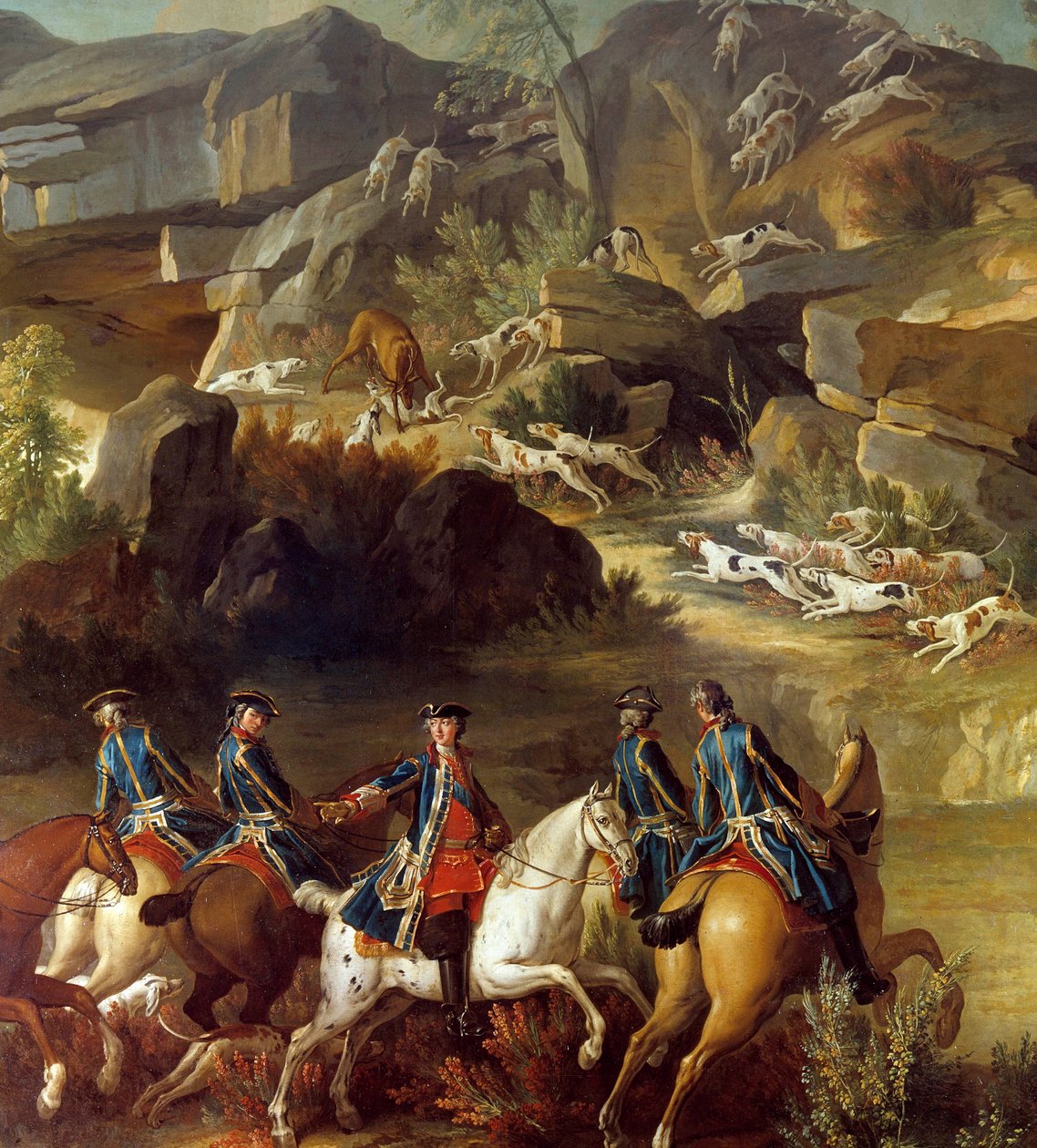Jaktscenen sprang. Ryttarna är på väg mot doven som hundarna grep. Detalj av en anonym 1700-talsmålning. Gien, Jaktmuseum av French School