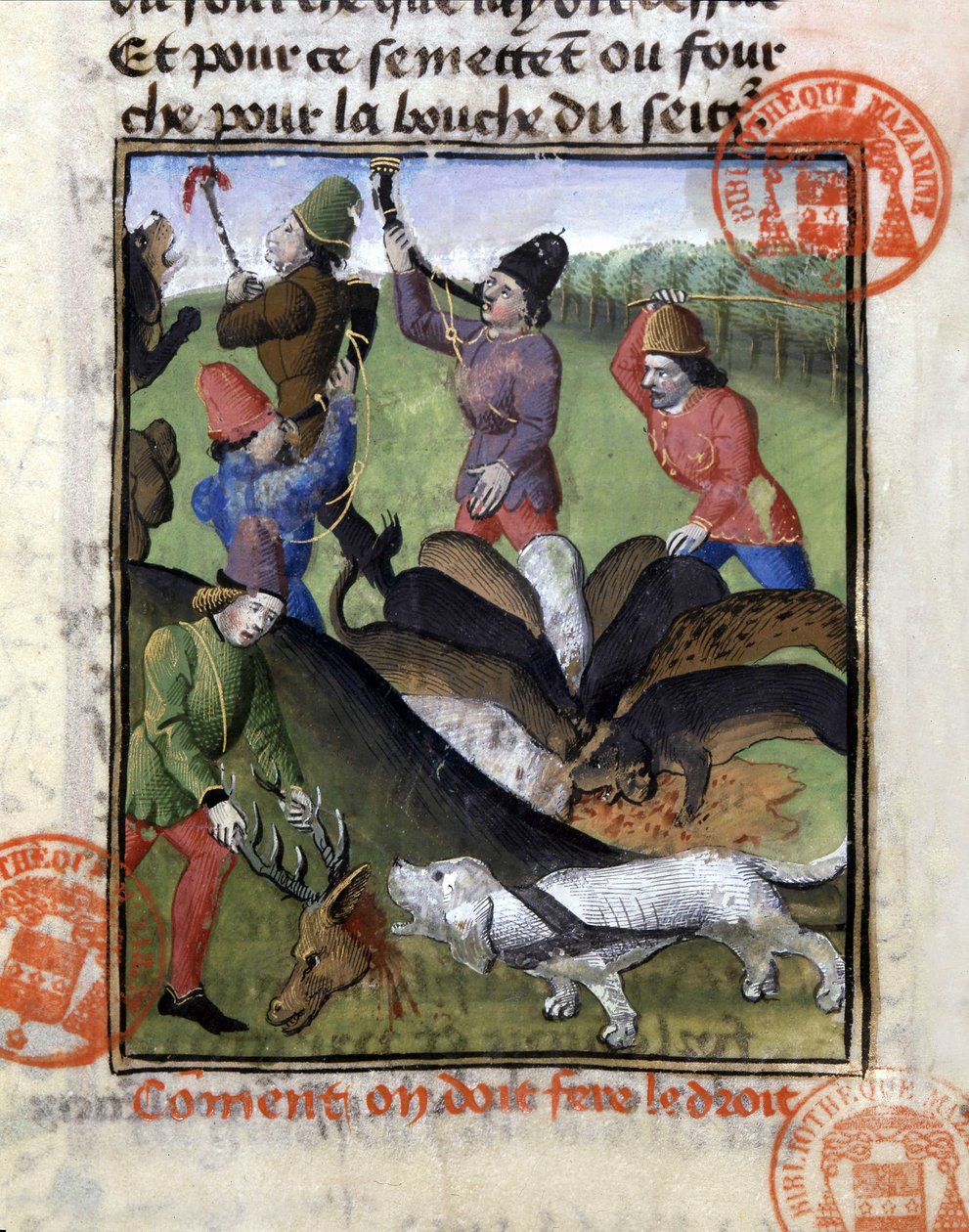 Jaktscen: rådjurens andel för flocken hundar - i "" The Hunting Book of Gaston Phoebus, Count of Foix, Lord of Béarn"" av French School