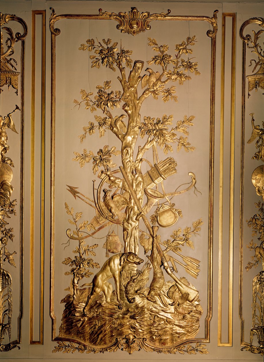 Jaktscen, träpanel ursprungligen från matsalen på Hotel des Etats du Languedoc (förgyllt trä) av French School