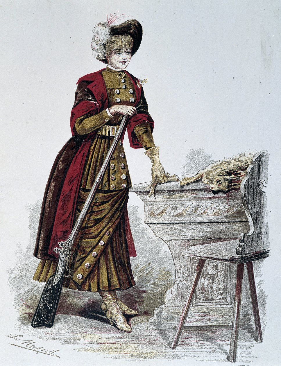 Jakt, kvinna - i "La Nouvelle Mode", september 1898. av French School