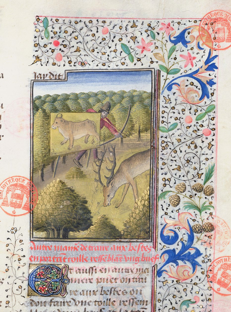 Jägare som gömmer sig bakom ett lockbete medan han jagar en hjort, från Livre de la Chasse av Gaston Phebus de Foix (1331-91) av French School