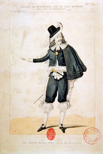 Hurteaux i rollen som Lord Enrico Ashton, i operan Lucie de Lammermoor, av Gaetano Donizetti (1797-1848) (färgstick) av French School