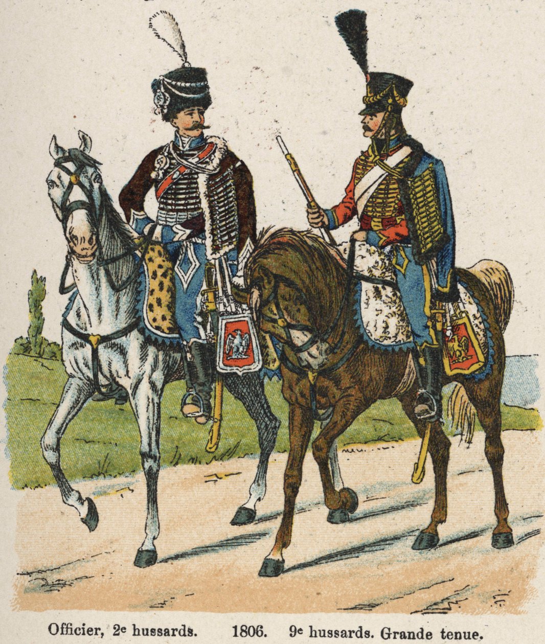 Husarernas 1:a vendemiär An XII (24 september 1803): Officer, 2:a husarer och 9:e husarer i stor klädsel 1806. Tallrik från boken Les Uniforms de l
