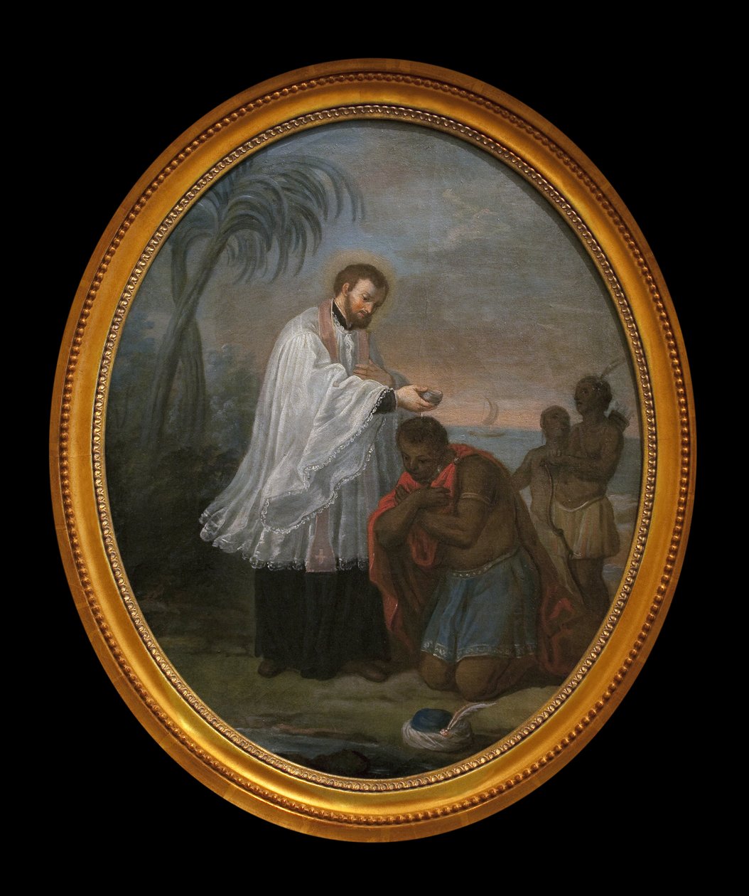 Jag döper en indian. Karaktären som tar emot dopet verkar inte vara en indian, till skillnad från de två karaktärerna i bakgrunden. Denna målning kan vara en allegori av jesuiternas evangeliseringsuppdrag på alla kontinenter. Det tillåter oss dock att fram av French School