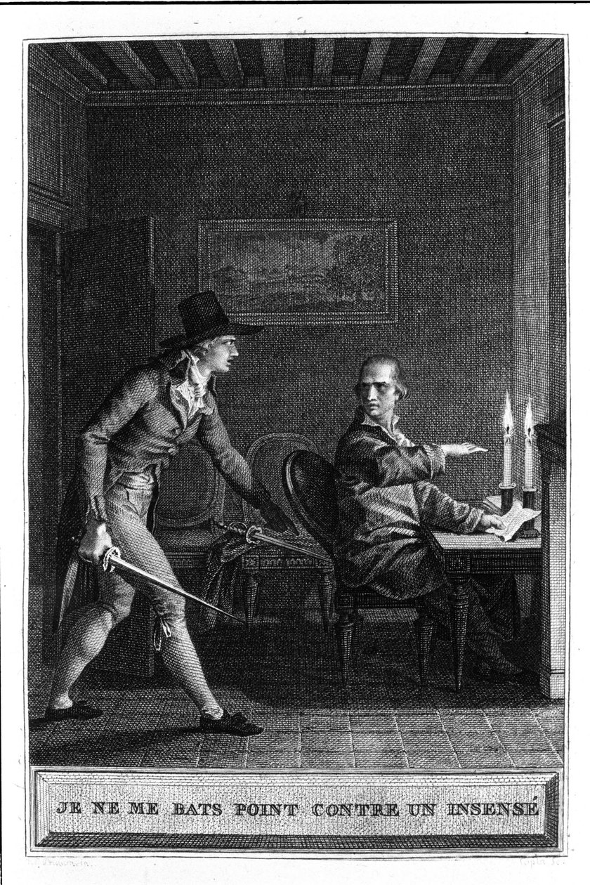 Jag slåss inte som en insense Illustration av "Julie eller La Nouvelle Heloise" av Jean Jacques Rousseau (1712-1788) 1780 av French School