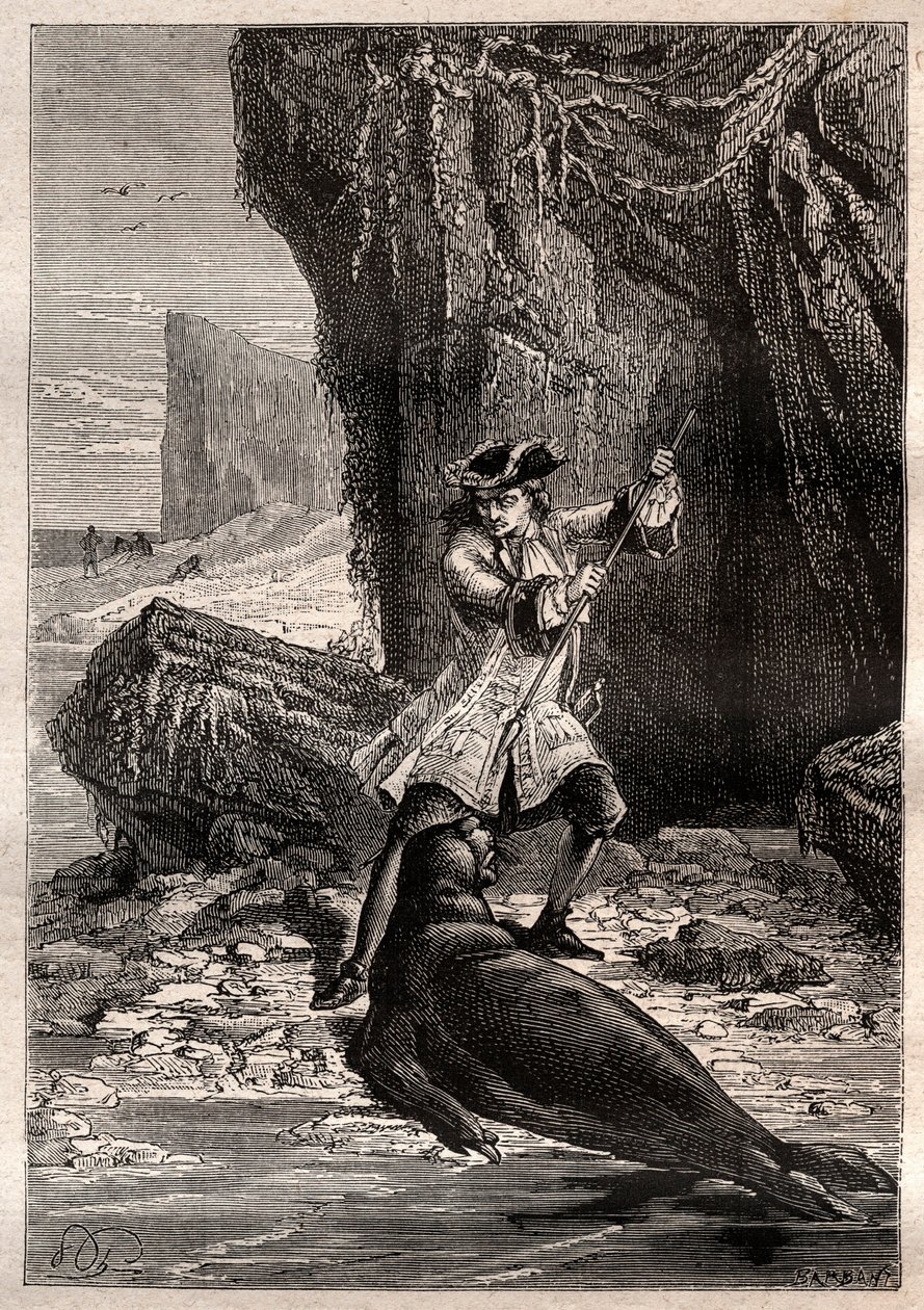 Jag stoppade min spade i hans bröst: Woodes Rogers (1679-1732) attackerad av en marinhund (säl) på en av Galapagosöarna i Stilla havet 1709 - illustrationen hämtad från "The Great Mariners of the 18th century" av French School