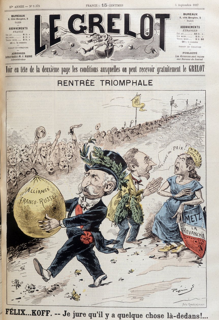 Jag svär att det är något därinne. Den franske presidenten Felix Faure (1841-1899) bär ballongen av det ryska lånet. Bakom bråkar en kvinna som representerar Lorraine med en man som säger "Lämna oss ifred" (utan tvekan utrikesminister Gabriel Hanotau av French School